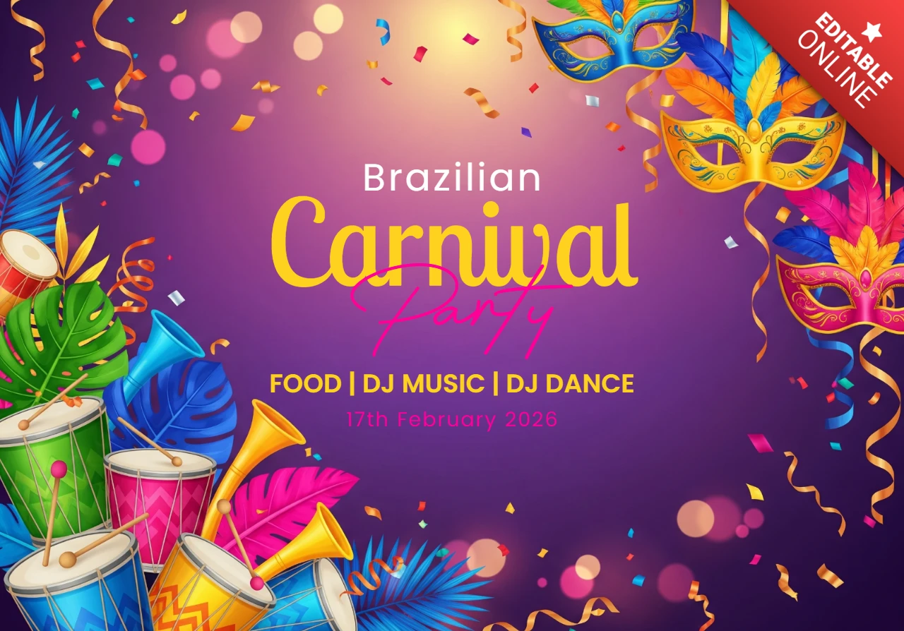 Brazilian Carnival Party Poster Purple Gradient Background with Feathered Masks, Trumpets, and Drums