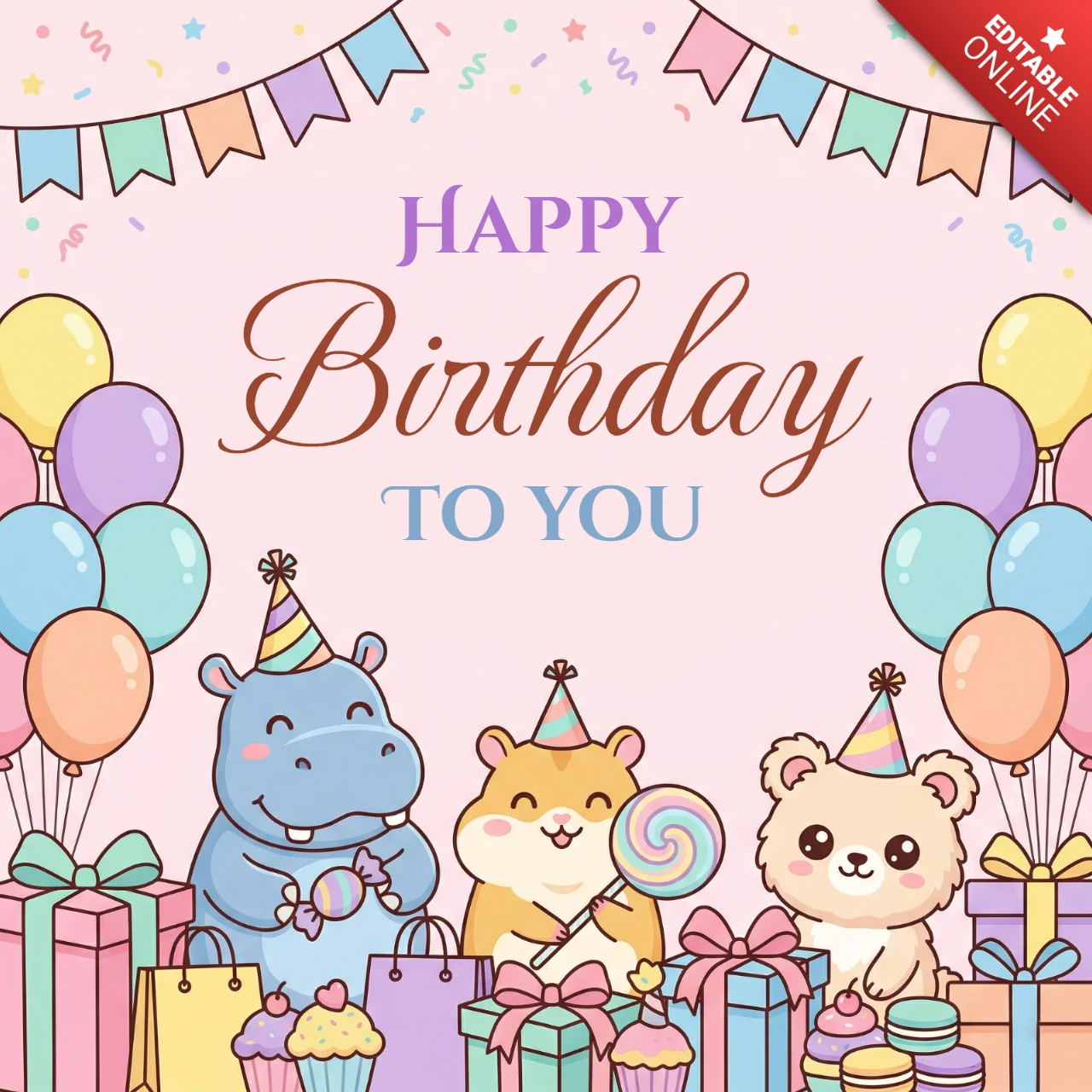 Póster de cumpleaños feliz con fiesta de animales adorables con hipopótamo, hámster, oso, globos, cupcakes y tema de celebración alegre.