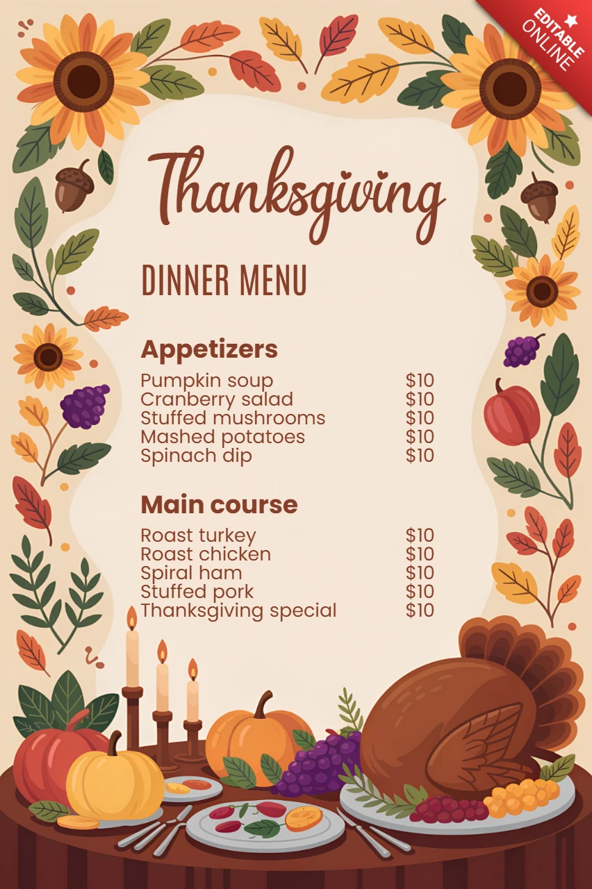 Modèle de menu de dîner de Thanksgiving avec des éléments d'automne pour des événements festifs