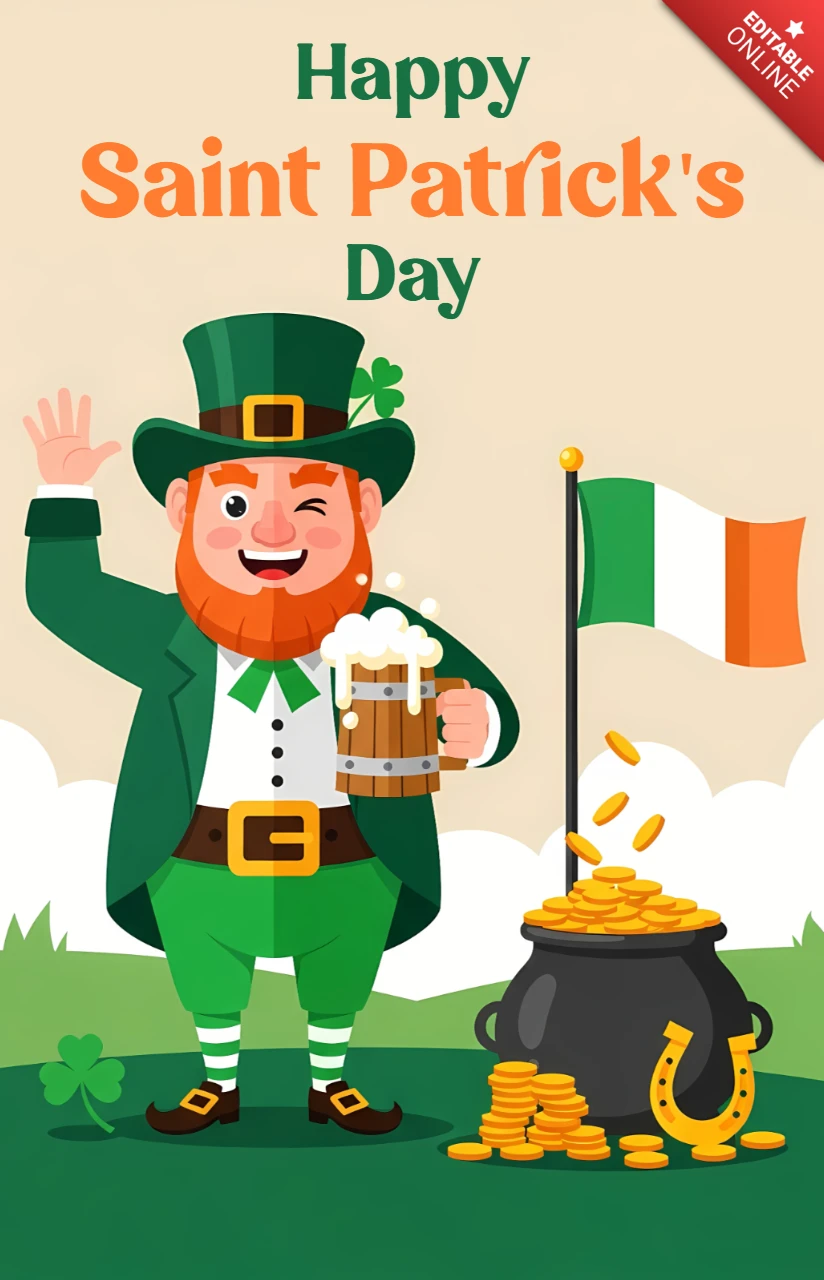 Designvorlage für Grußkarten zum Saint-Patrick's-Day mit einem Leprechaun