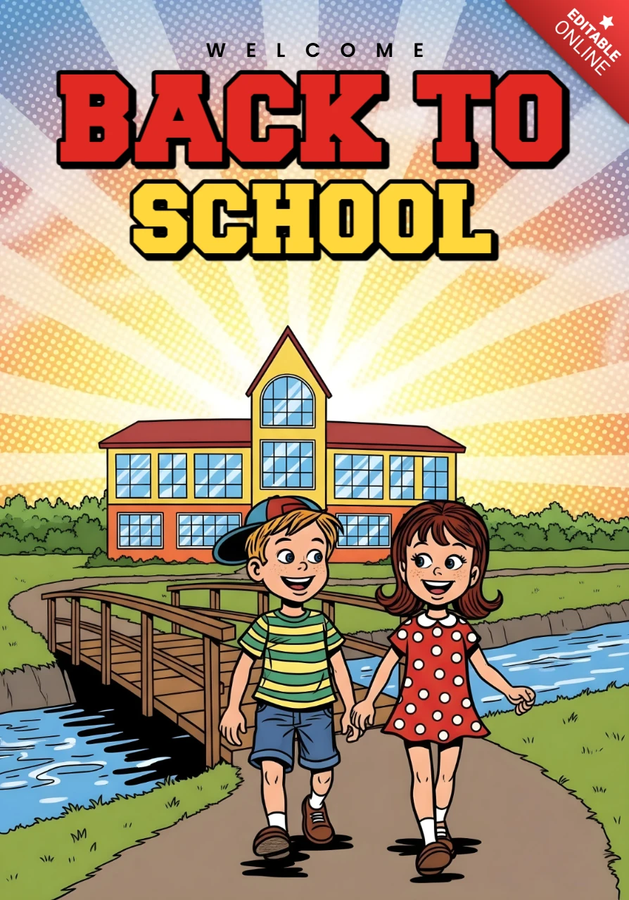 Welkom terug op school kinderen die over de brug naar school lopen met een zonnestraal achtergrond posterontwerp sjabloon