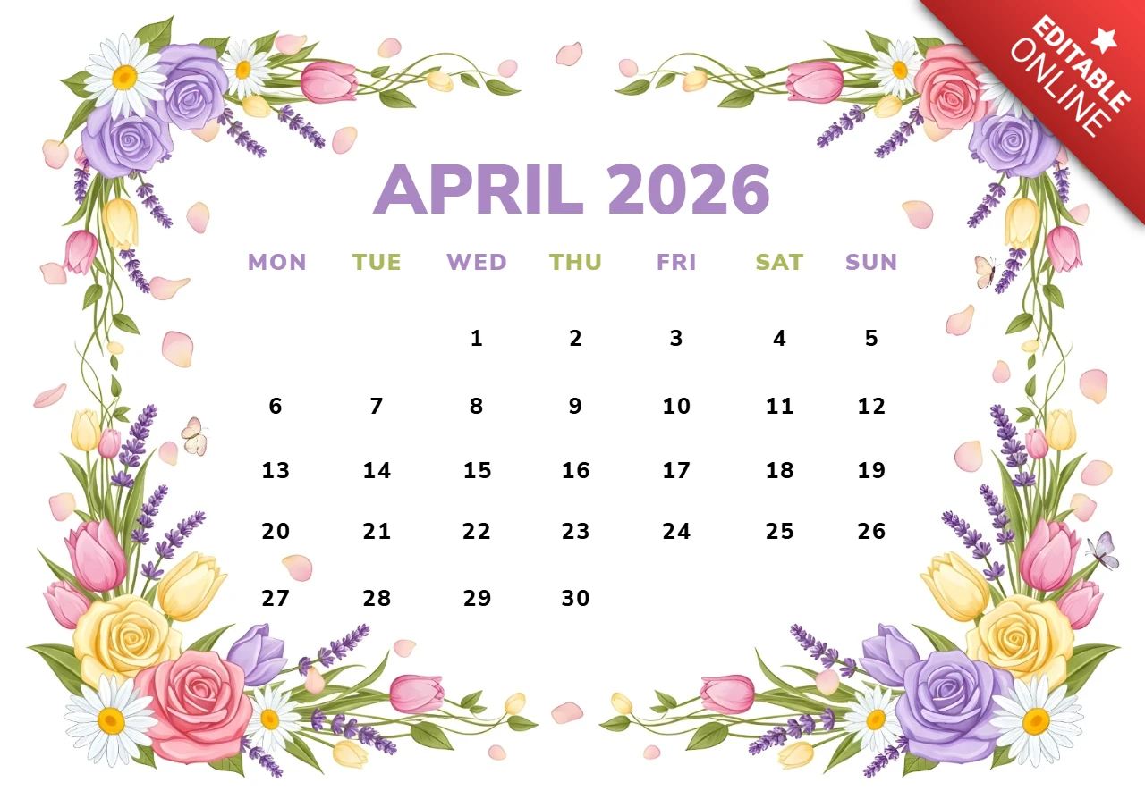 2026年4月のカレンダーポスター — バラ、チューリップ、デイジー、ラベンダー、装飾的な花の縁取りテーマ