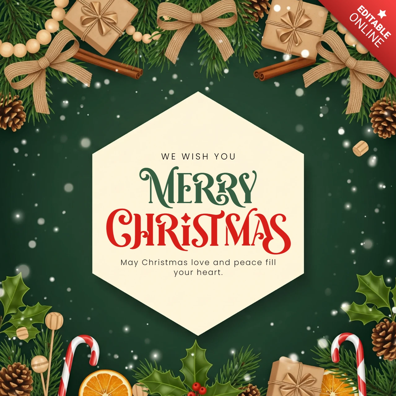 Merry Christmas Card Pine Garland with Dried Oranges and Holly Framing Love and Peace Holiday Wishes Design Template