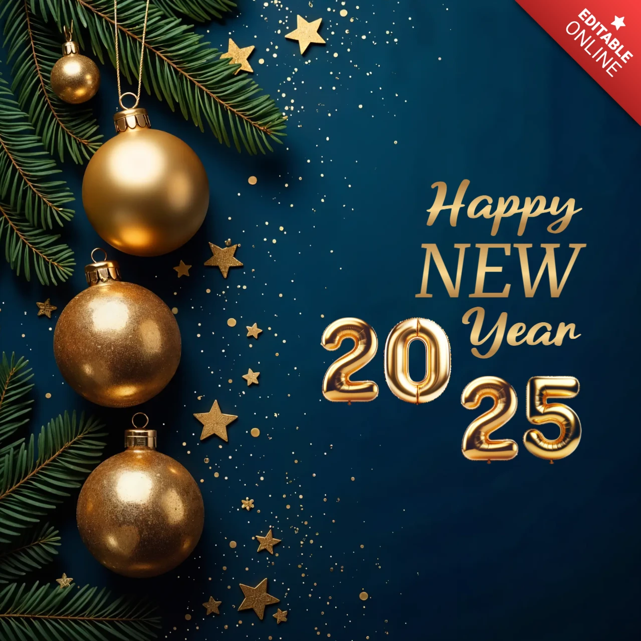 Feliz año nuevo 2025 adornos de oro plantilla de diseño