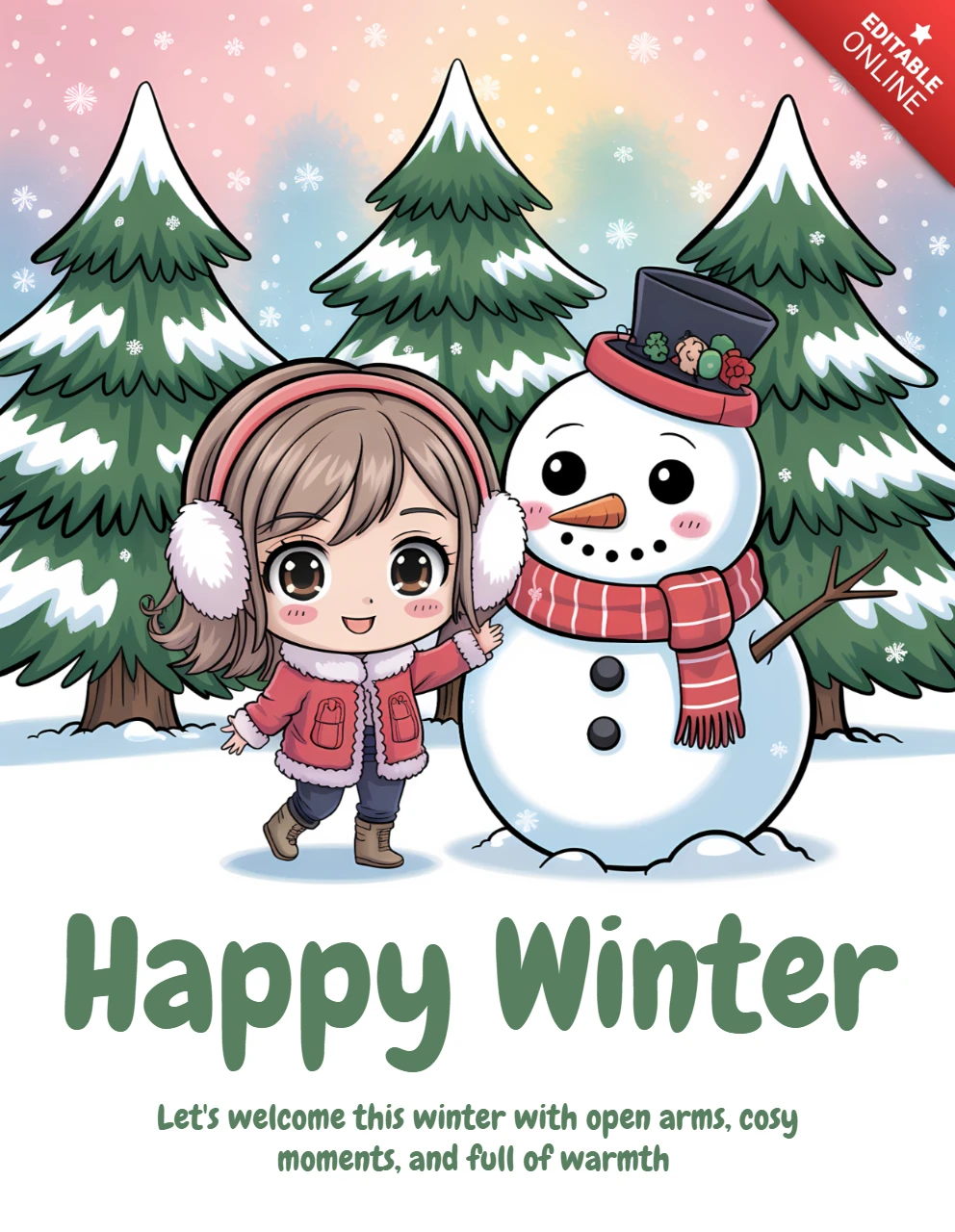 Fröhliche Winter-Designvorlage mit niedlichem Schneemann und Kind für Feiertagsgrusskarten