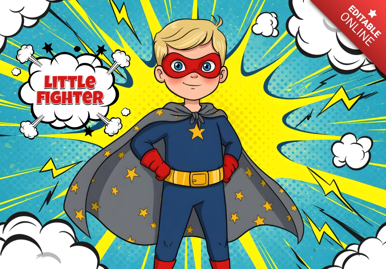 Kleiner Kämpfer Cartoon-Superheld mit Sternen-Cape und Comic-Explosion Poster-Designvorlage