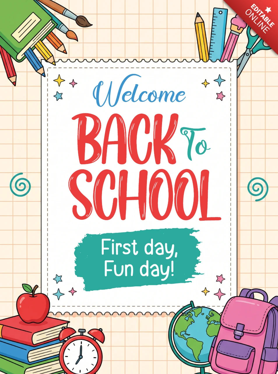Colorful back to school poster design with stationery items like pencils books and a backpack for students returning to class