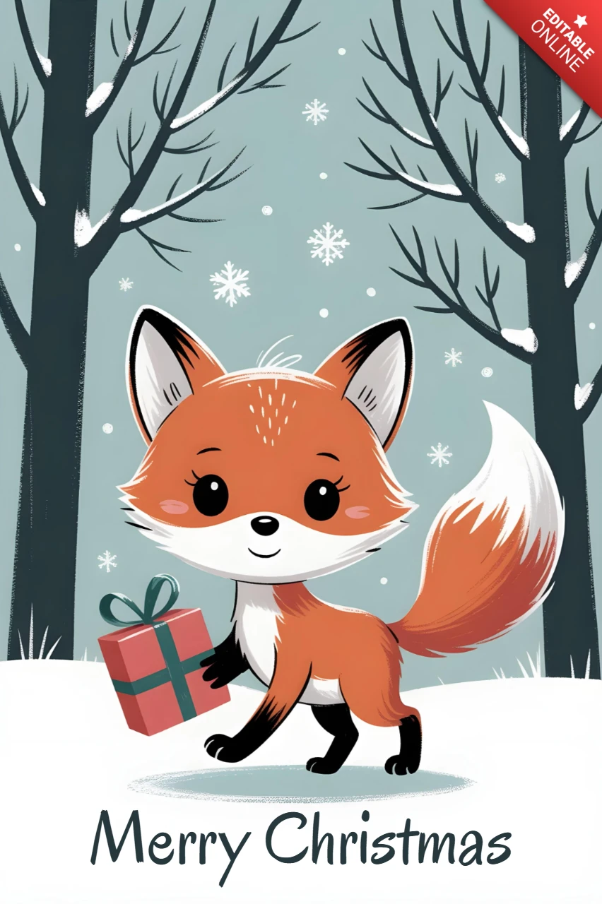 Tarjeta de felicitación navideña con un zorro de dibujos animados sosteniendo una caja de regalo en un bosque nevado con copos de nieve cayendo, plantilla de diseño.