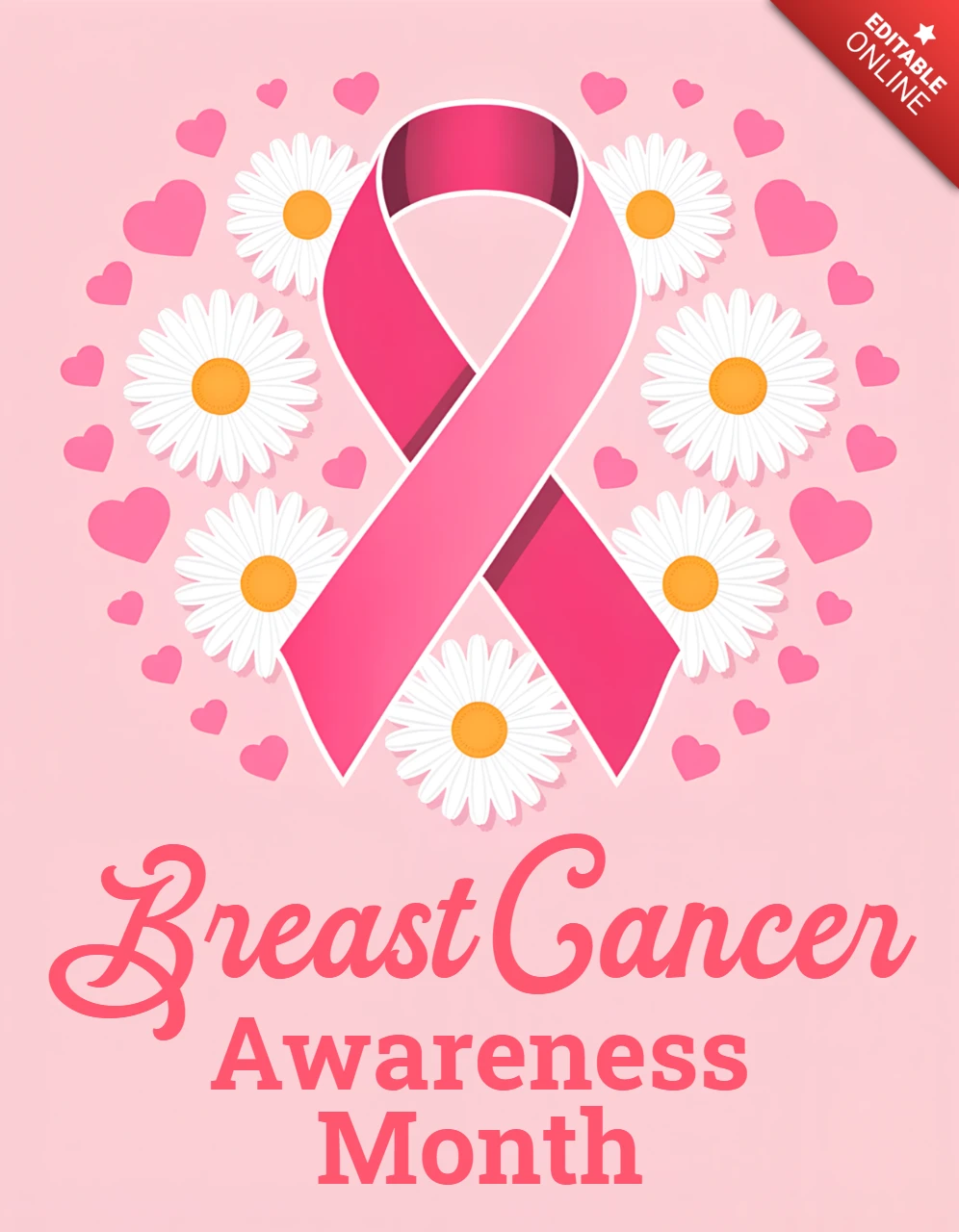 Template di design per il mese della consapevolezza sul cancro al seno con nastro rosa ed elementi floreali per manifesti.