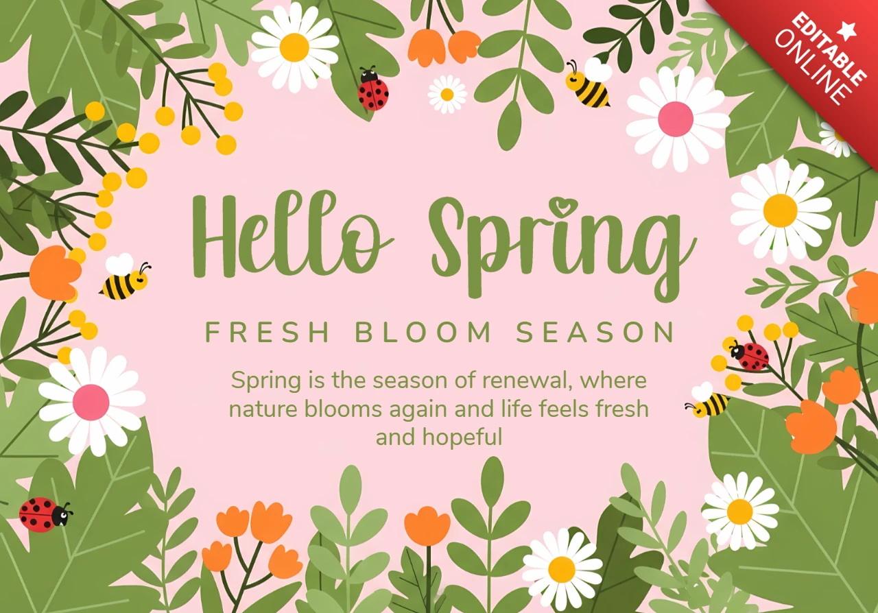 Frühling Blumen-Designvorlage für Grußkarten mit Bienen und Blüten
