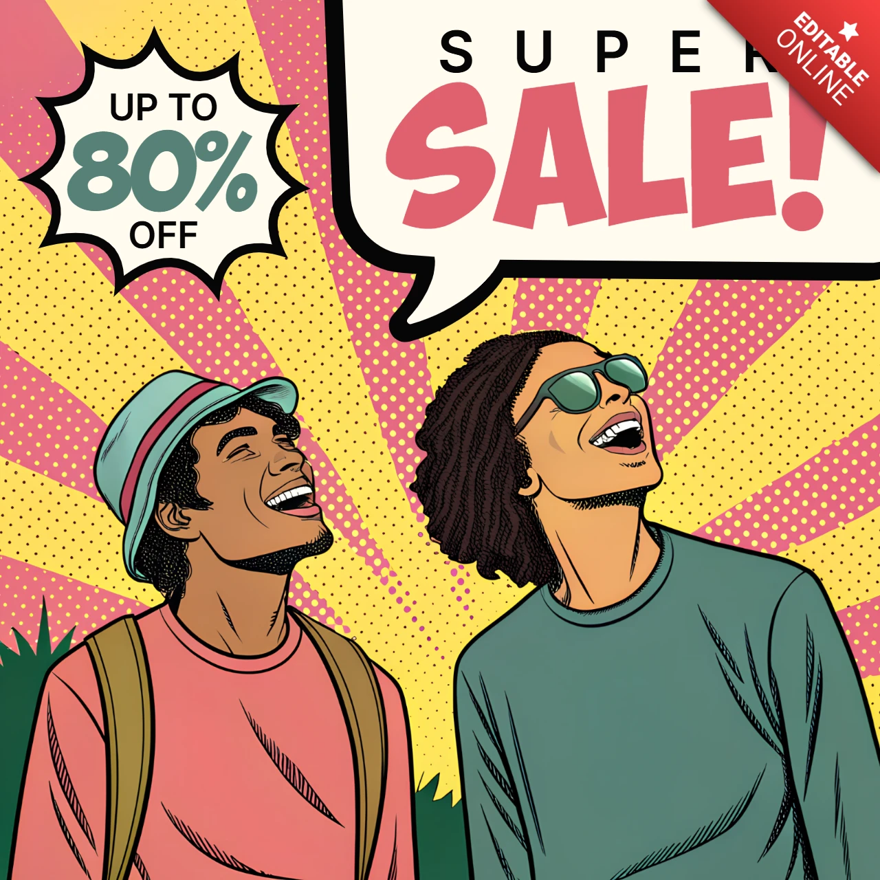 Modello di vendita pop art per volantini promozionali con acquirenti felici