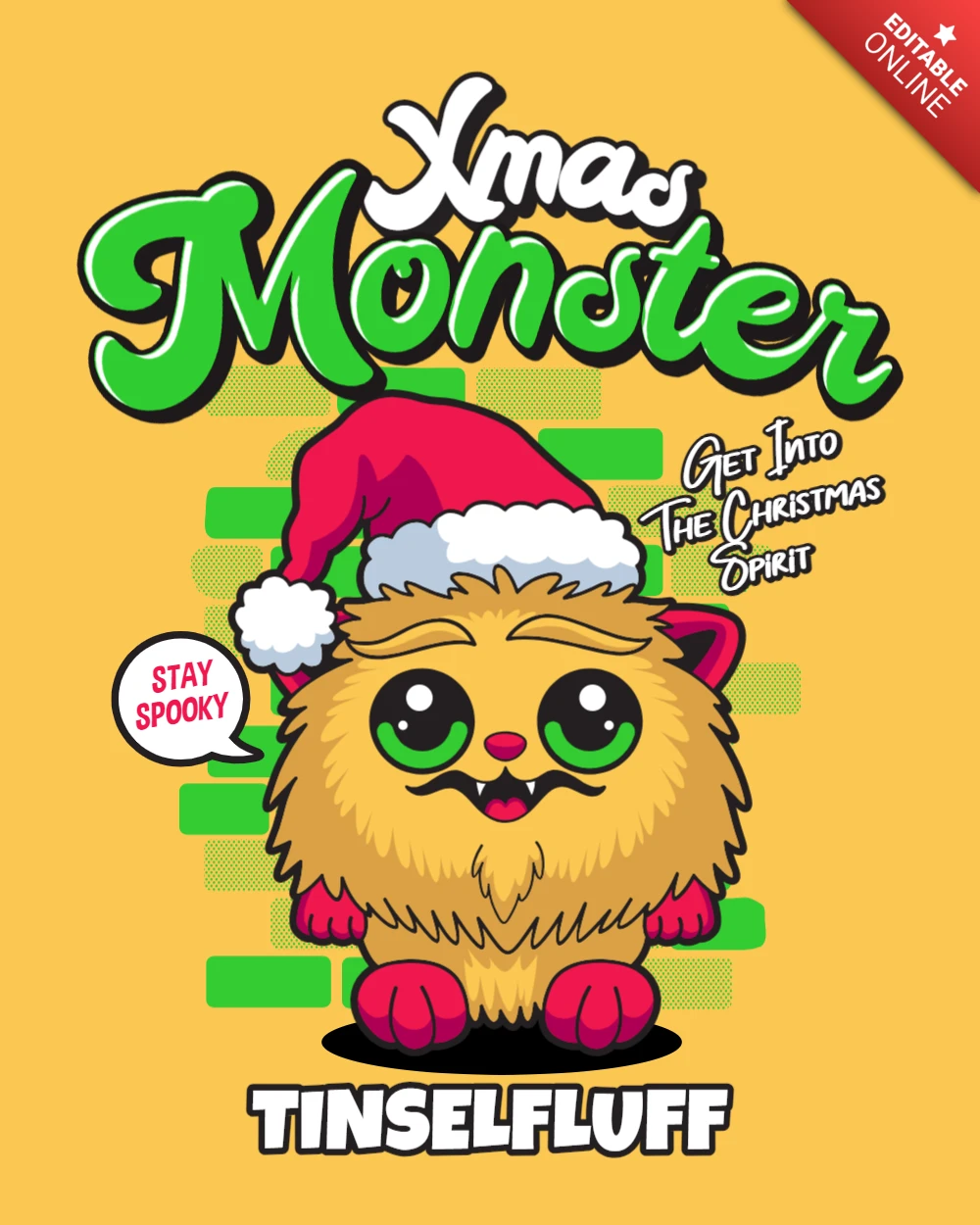 Komik tüylü noel canavarı çizgi film poster tasarım şablonu