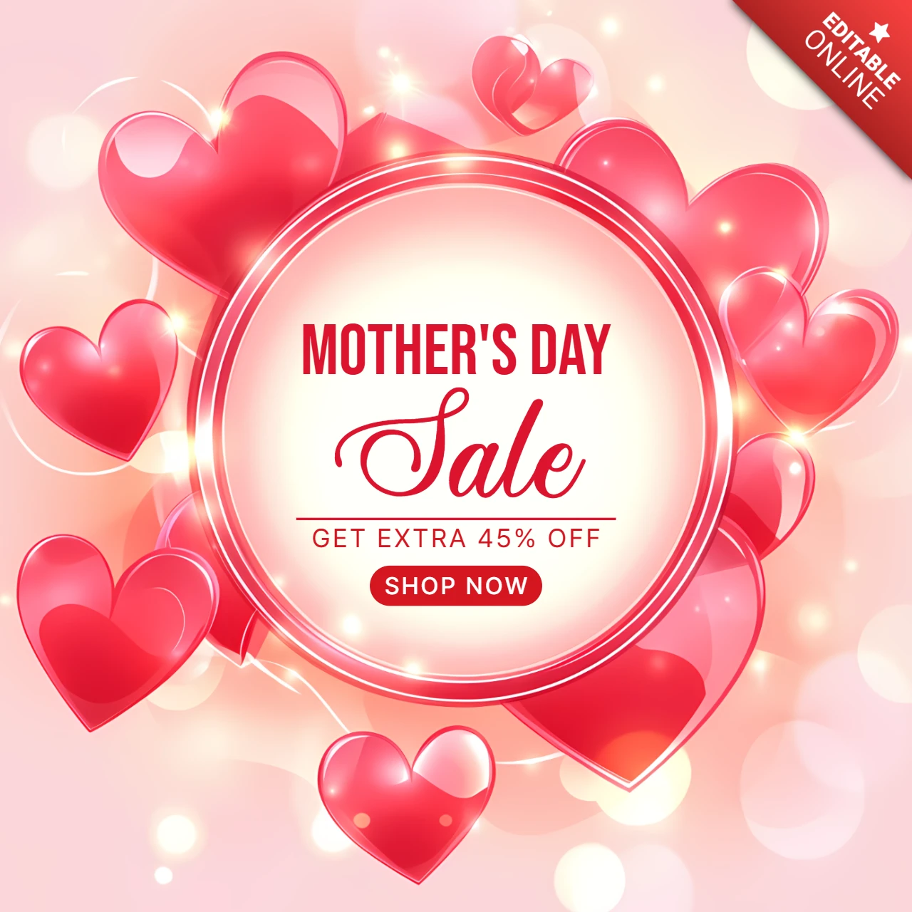 Editable Mother's Day Sale Template with Glowy Heart Design