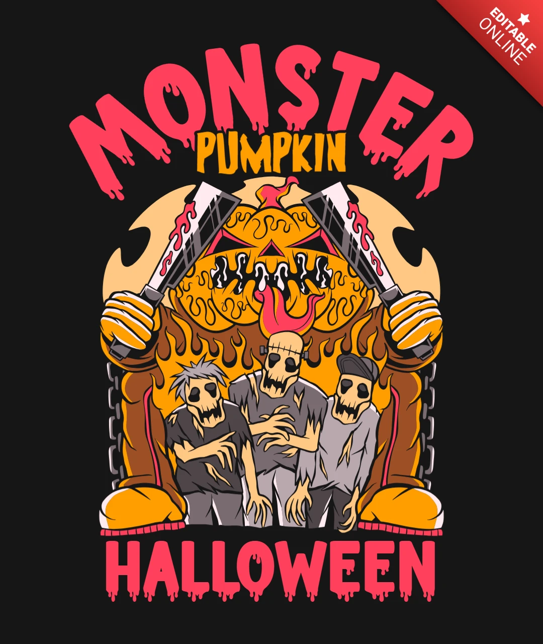 Plantilla de diseño de camiseta de calabaza monstruo de Halloween con gráficos de zombis y cuchillos.