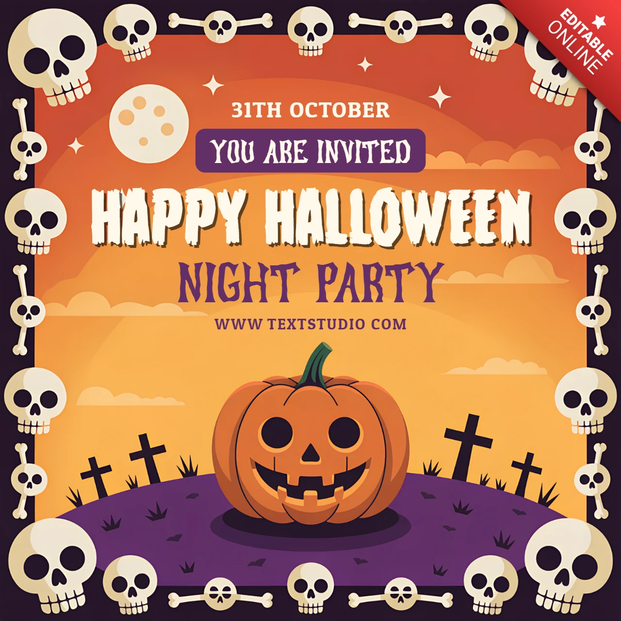 Modelo de convite de festa de Halloween editável com design de abóbora