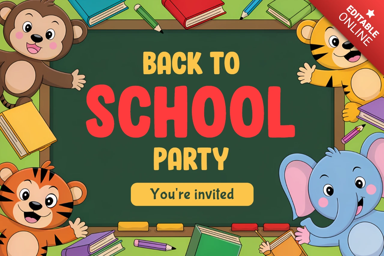 Back to School Party Invitation Template with Cute Animal Characters and Chalkboard Design