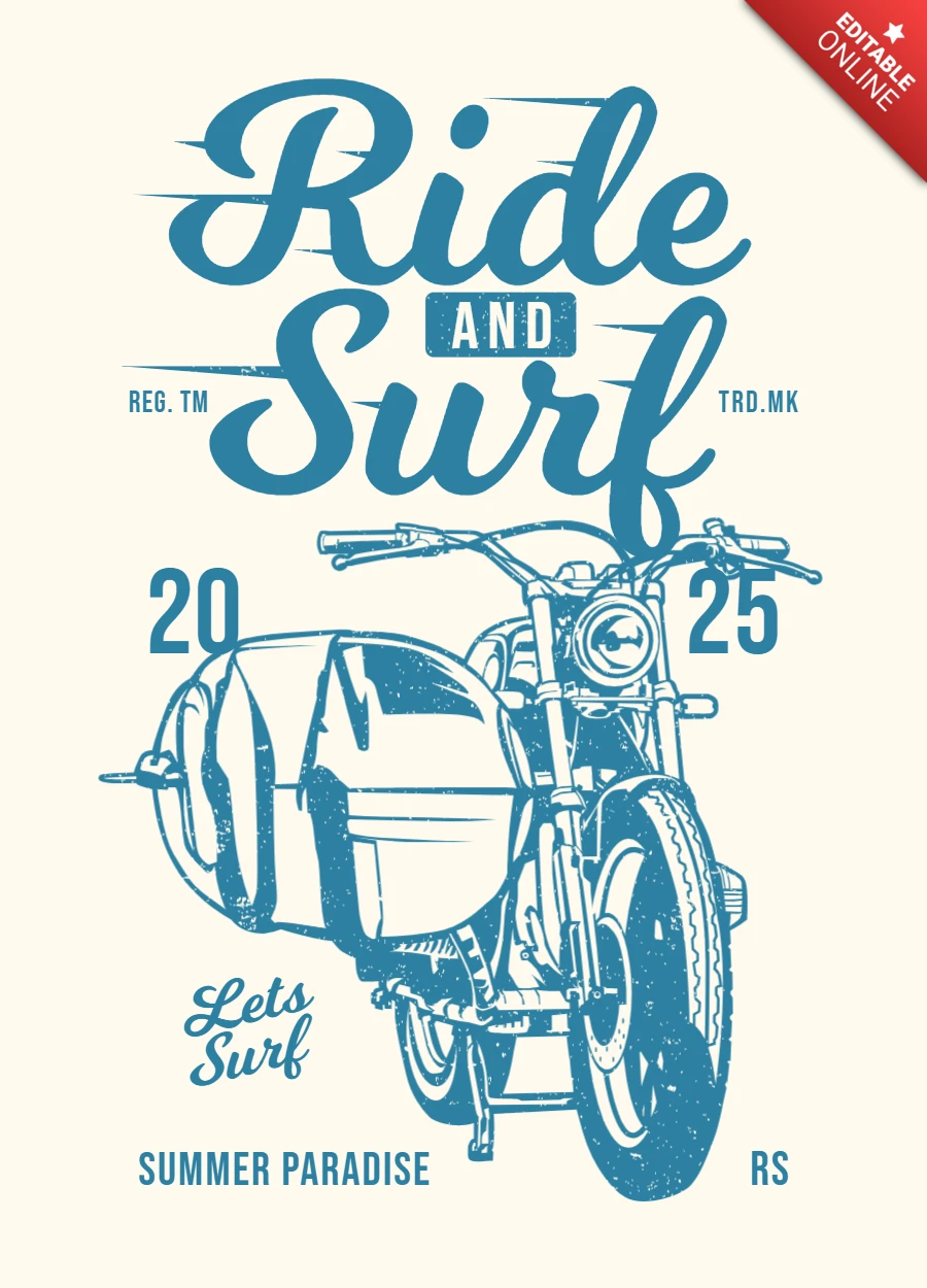 Modelo de design de camiseta de passeio de moto e surfe