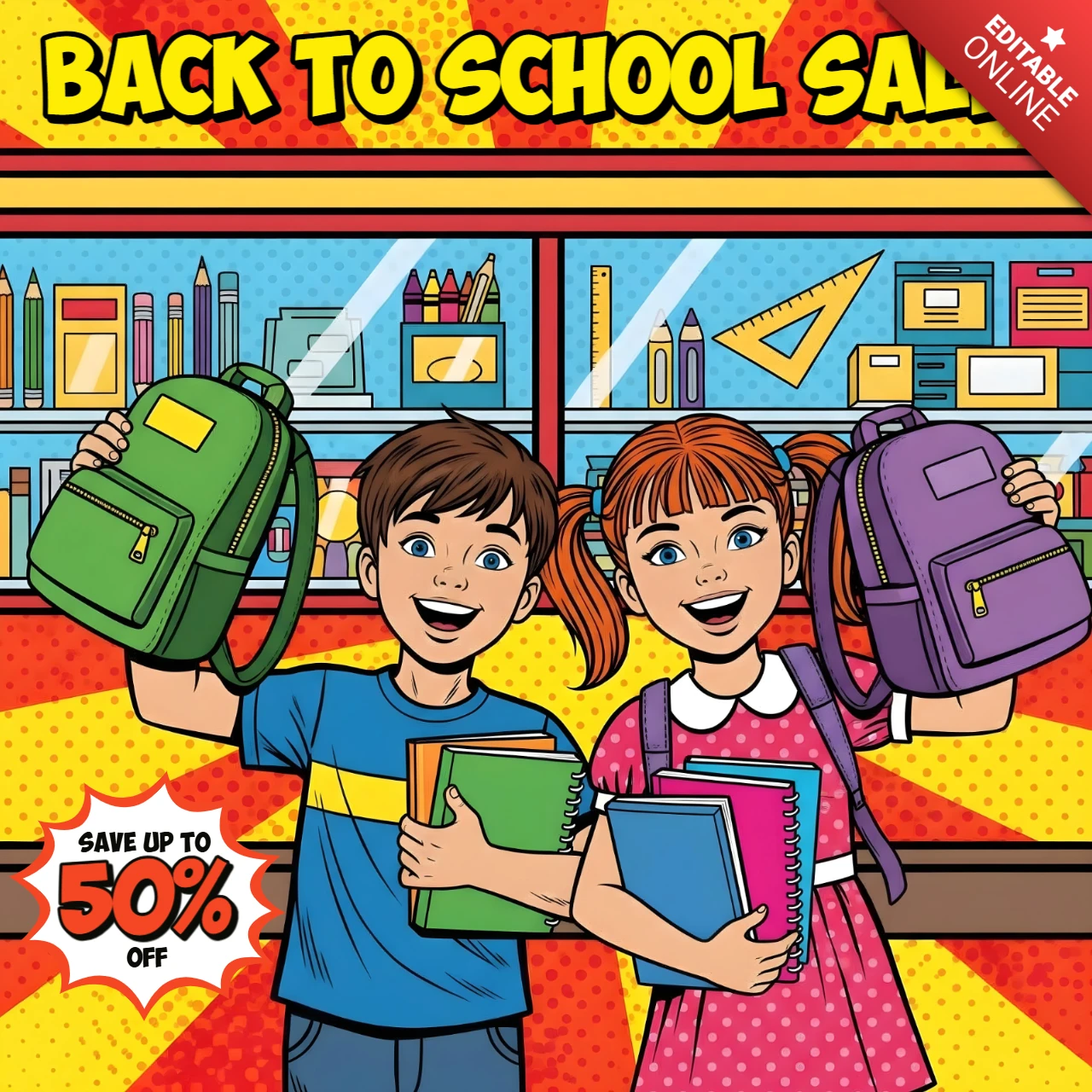 Rückkehr zur Schule Verkauf Comic-Stil Kinder Einkauf von Materialien mit Designvorlage für Werbeflyer