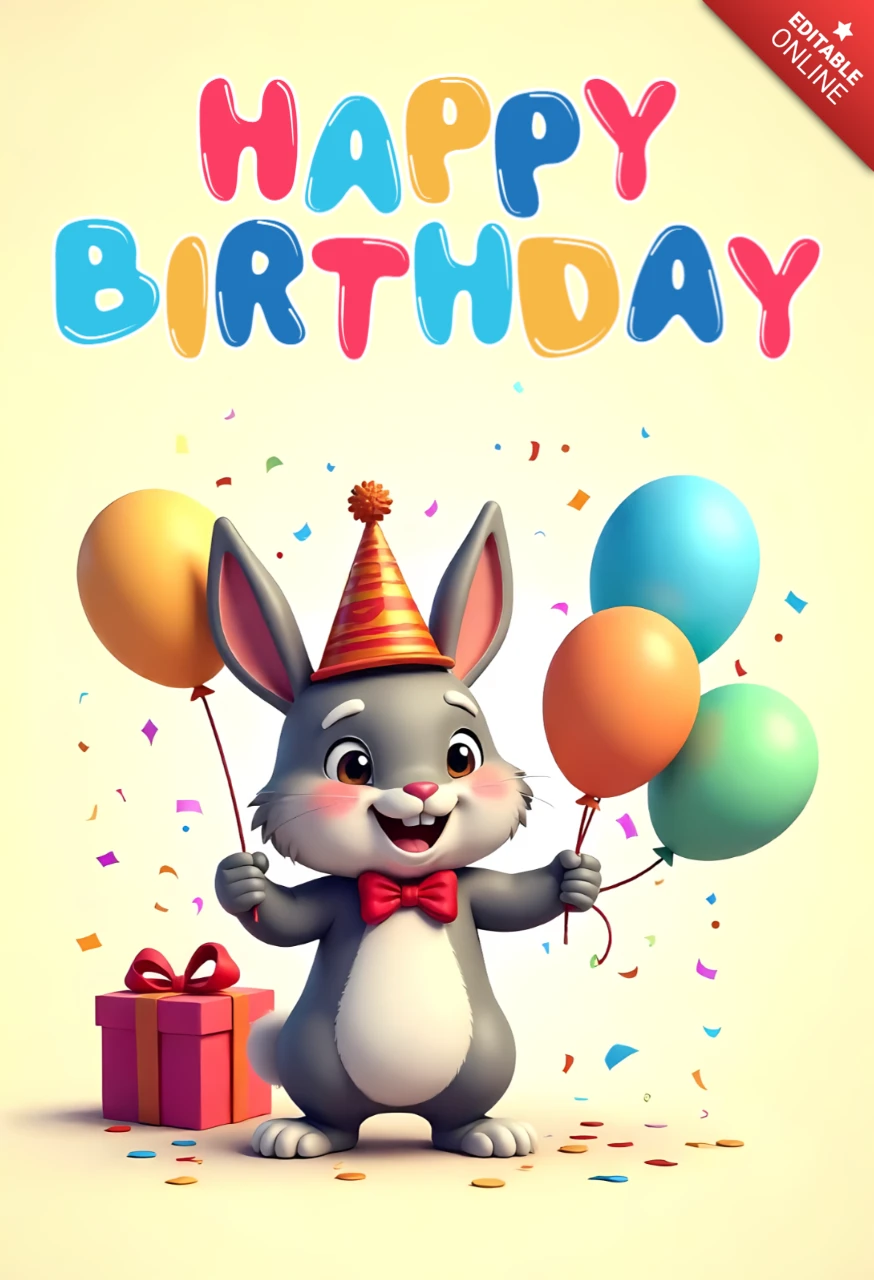 Adorable plantilla de tarjeta de cumpleaños de conejito con globos de colores y regalo