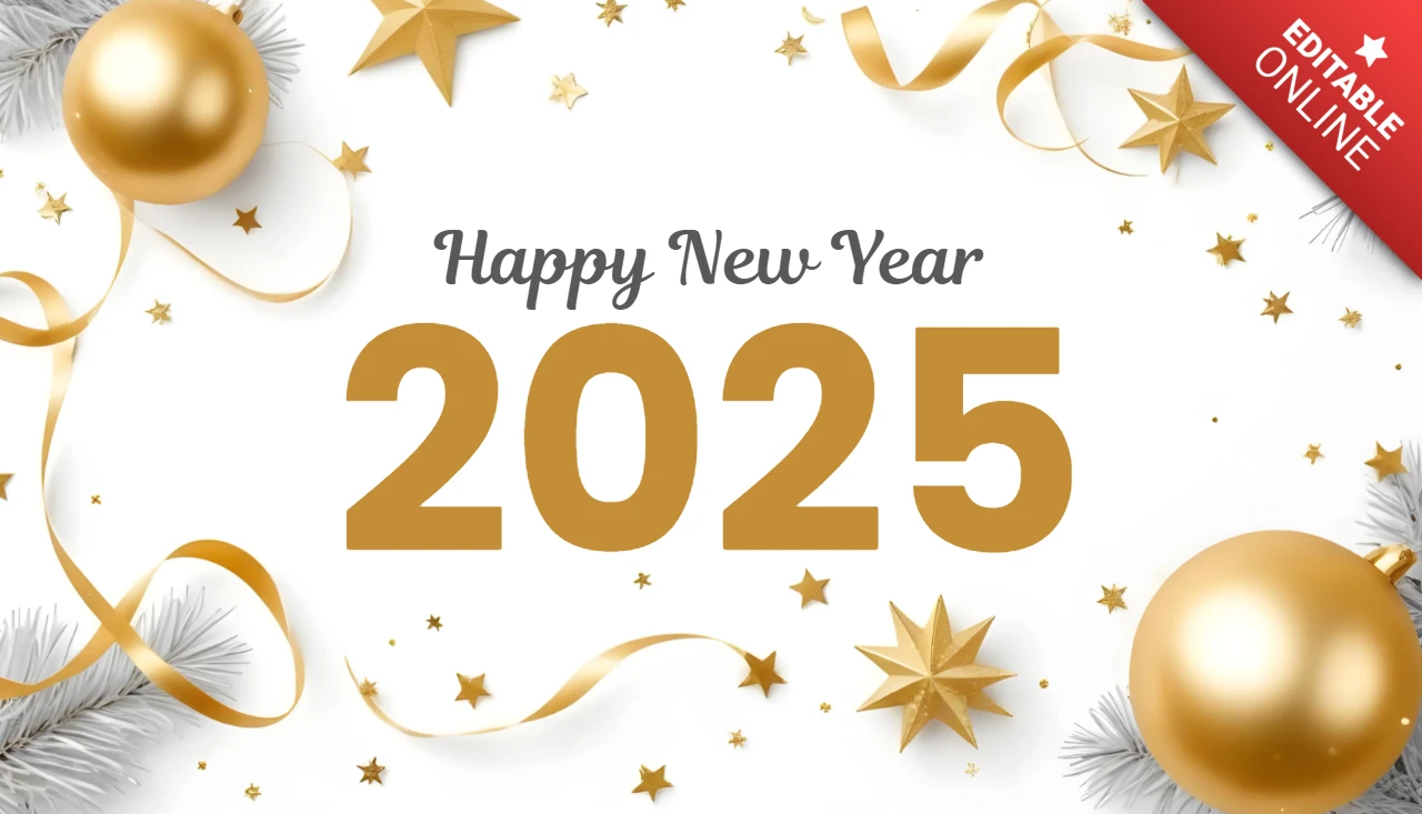 祝祭的な白と金色のバルーンハッピー新年2025デザインテンプレート