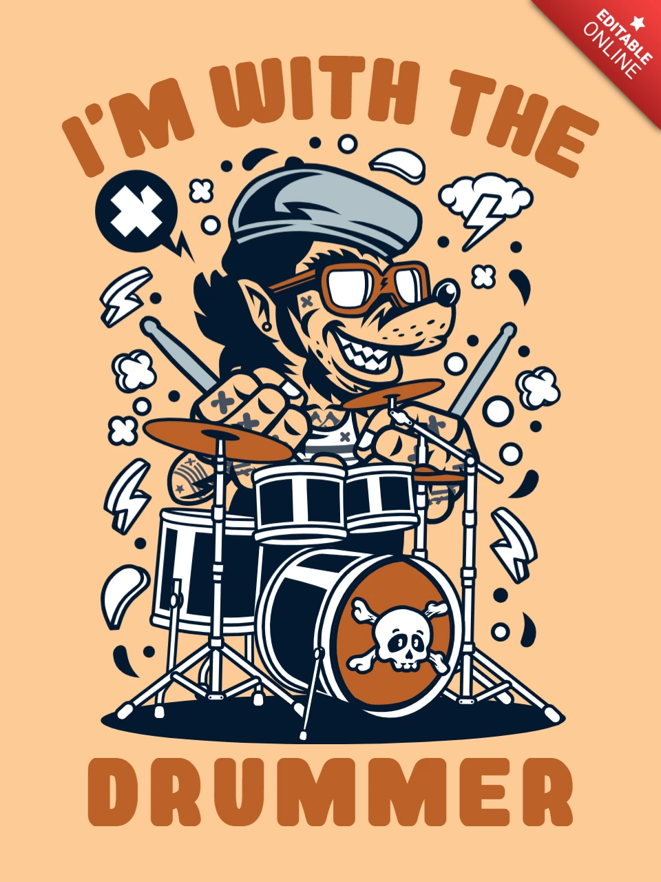 Drummer wolf cartoon karakter t-shirt ontwerpsjabloon
