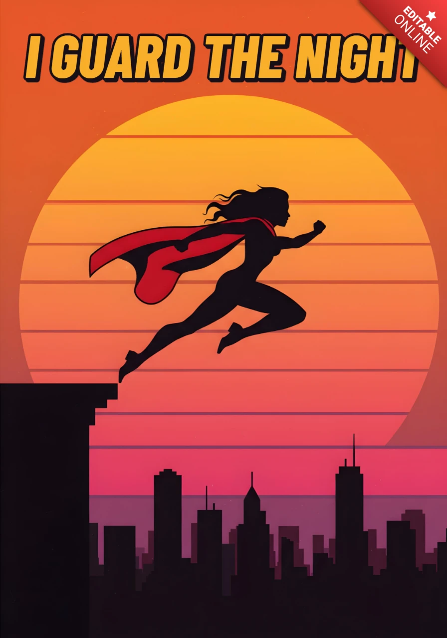 Custode della notte silhouette di supereroe che salta al tramonto modello di design per poster