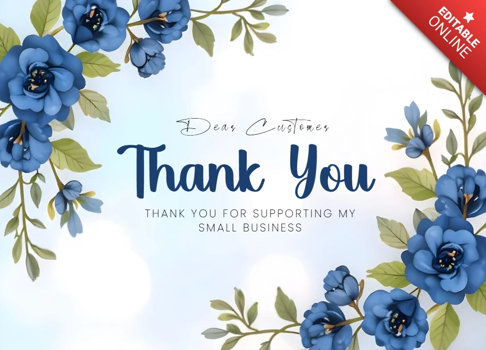 Elegant Blue Floral Border Design Thank You Card Template