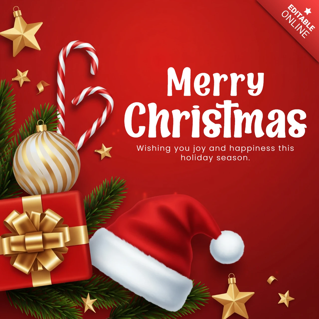 Christmas Card Design Decorative Garland with Santa Hat and Ornaments Surrounding Merry Christmas and Happiness Message Template