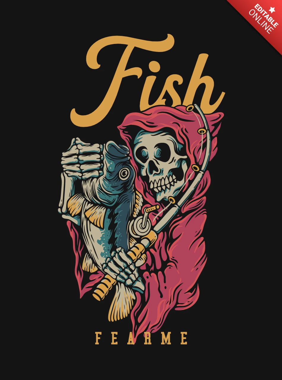 Smiling Skeleton Holding A Fish T-shirt Design Template