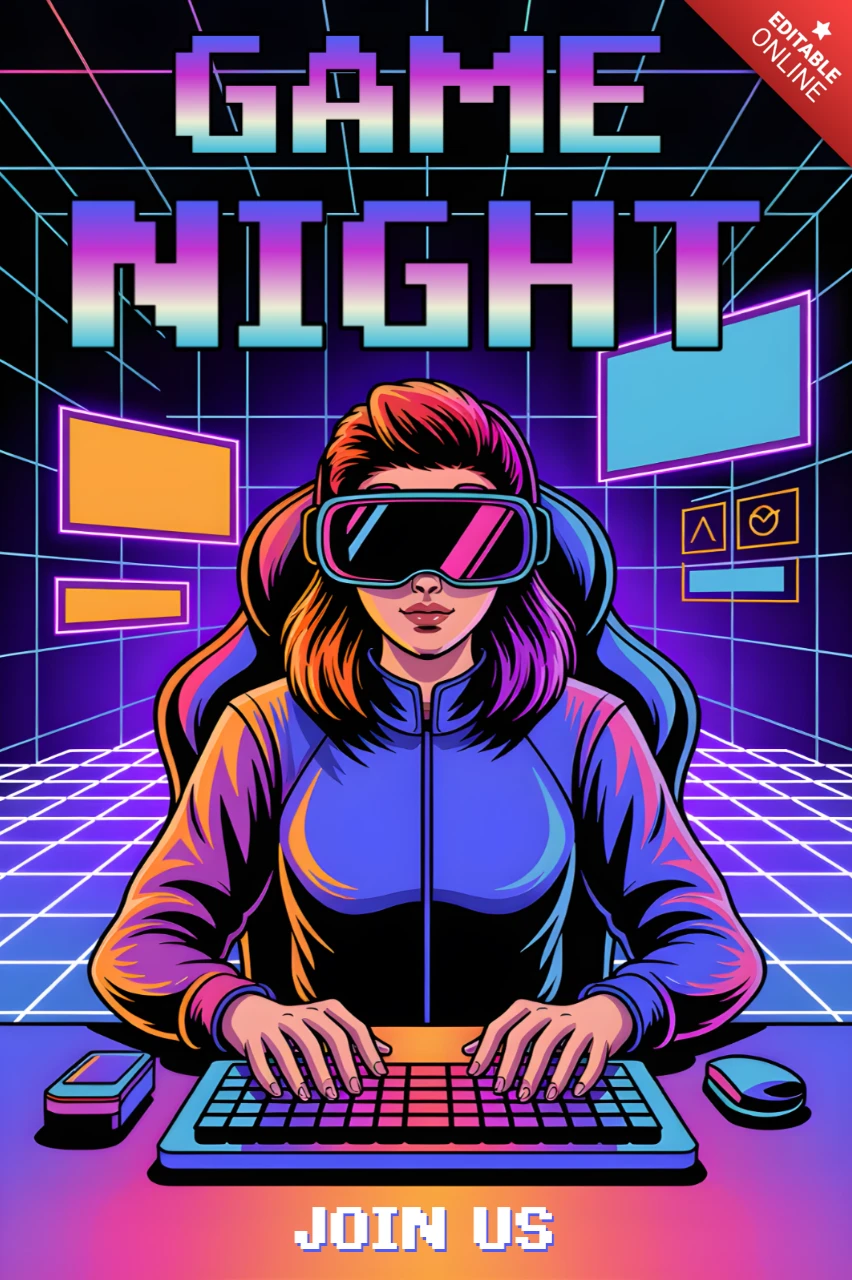 Plantilla de diseño para carteles y volantes de noche de juegos retro