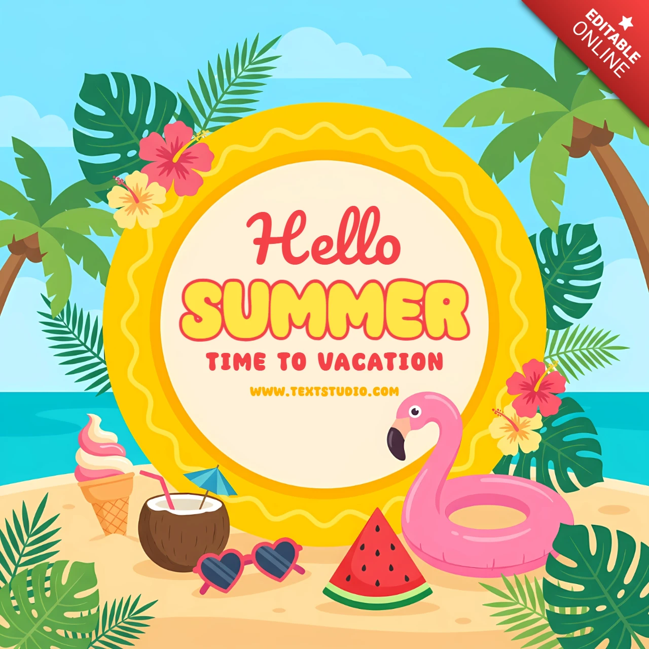 Tropical Beach Hello Summer Greeting Card Template