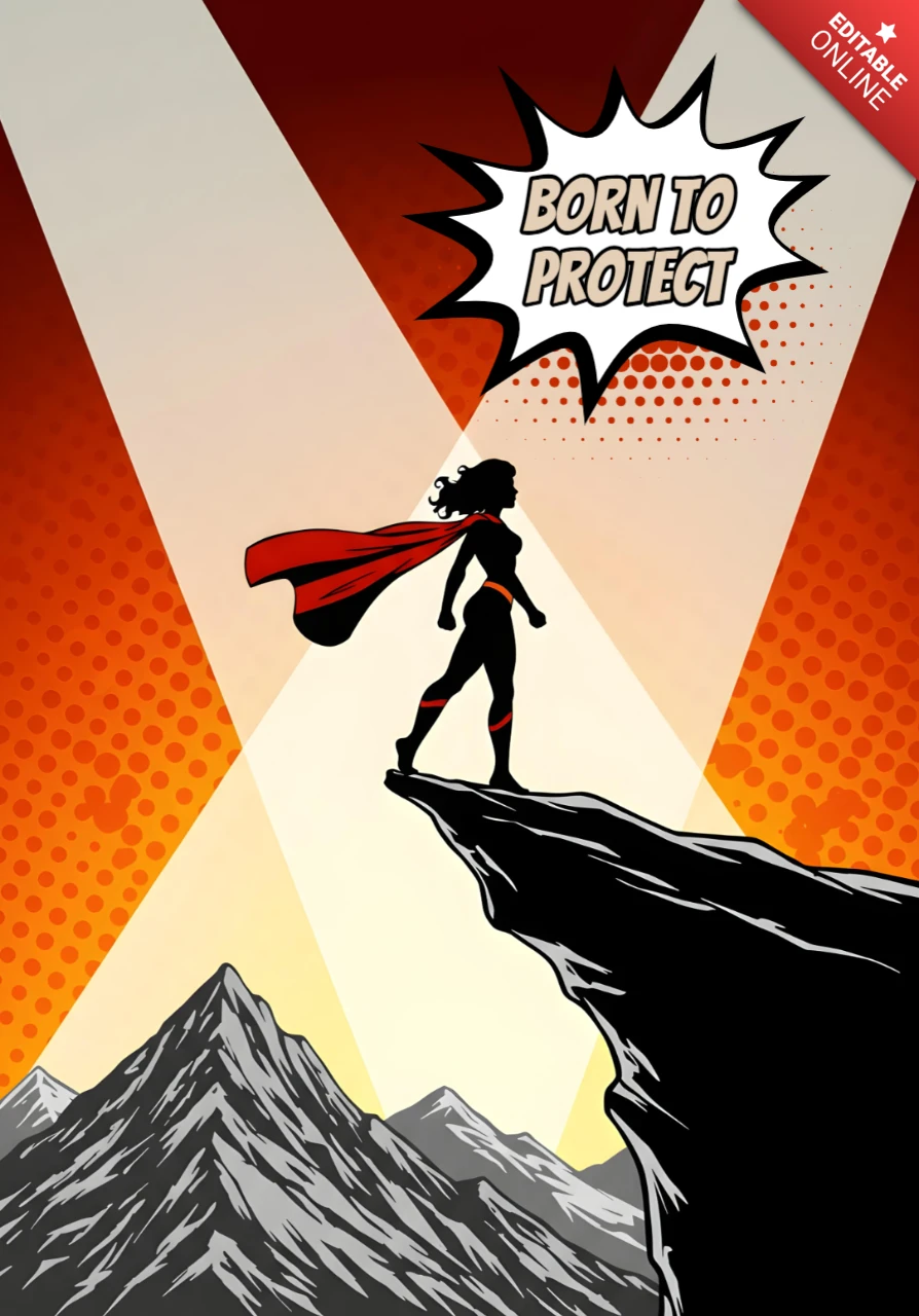 Geboren zum Schutz Superhelden-Silhouette auf Klippe mit Bergkulisse Poster-Design-Vorlage