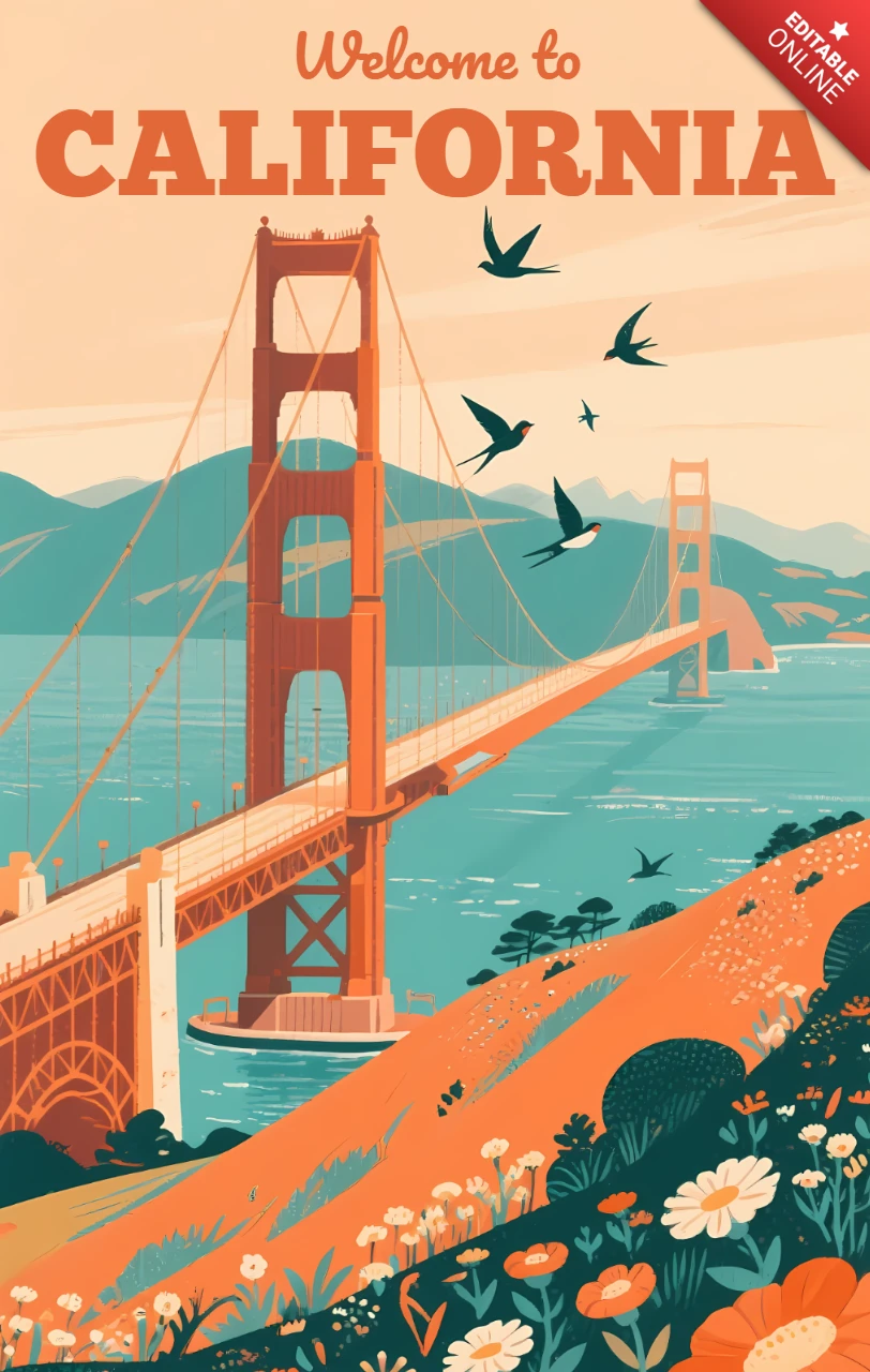 Modelo de cartaz de viagem vintage da Califórnia apresentando a ponte Golden Gate e uma paisagem cênica.