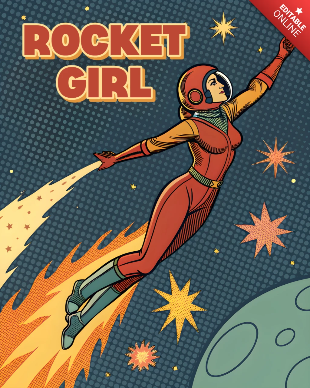 Retro-Comic-Stil Raketenmädchen Designvorlage für Poster und Merchandise