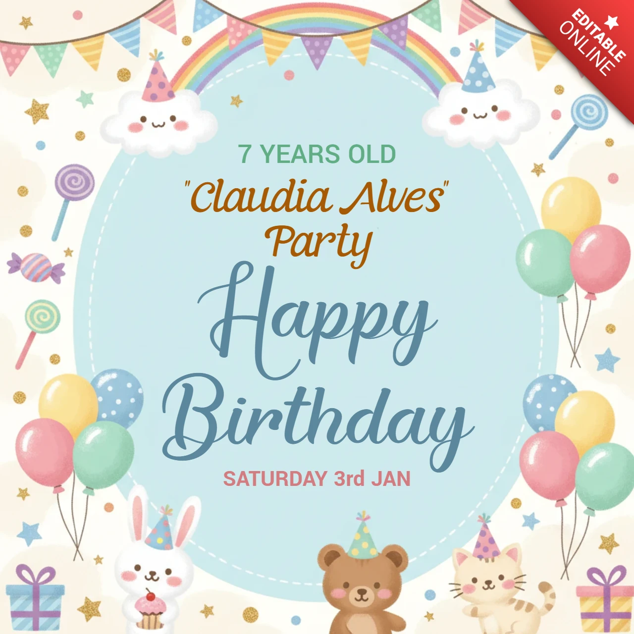 Geburtstagsgrüße Plakat Kinderfeier für Claudia Alves, die sieben wird, mit Ballons, Kuchen, Geschenken und festlichem Partydesign.