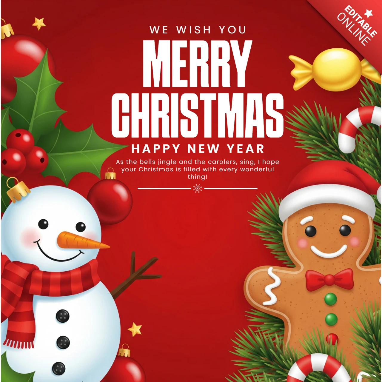 赤い背景に雪だるま、ジンジャーブレッドマン、キャンディケイン、ホリデーブーツが描かれたクリスマスグリーティングカード