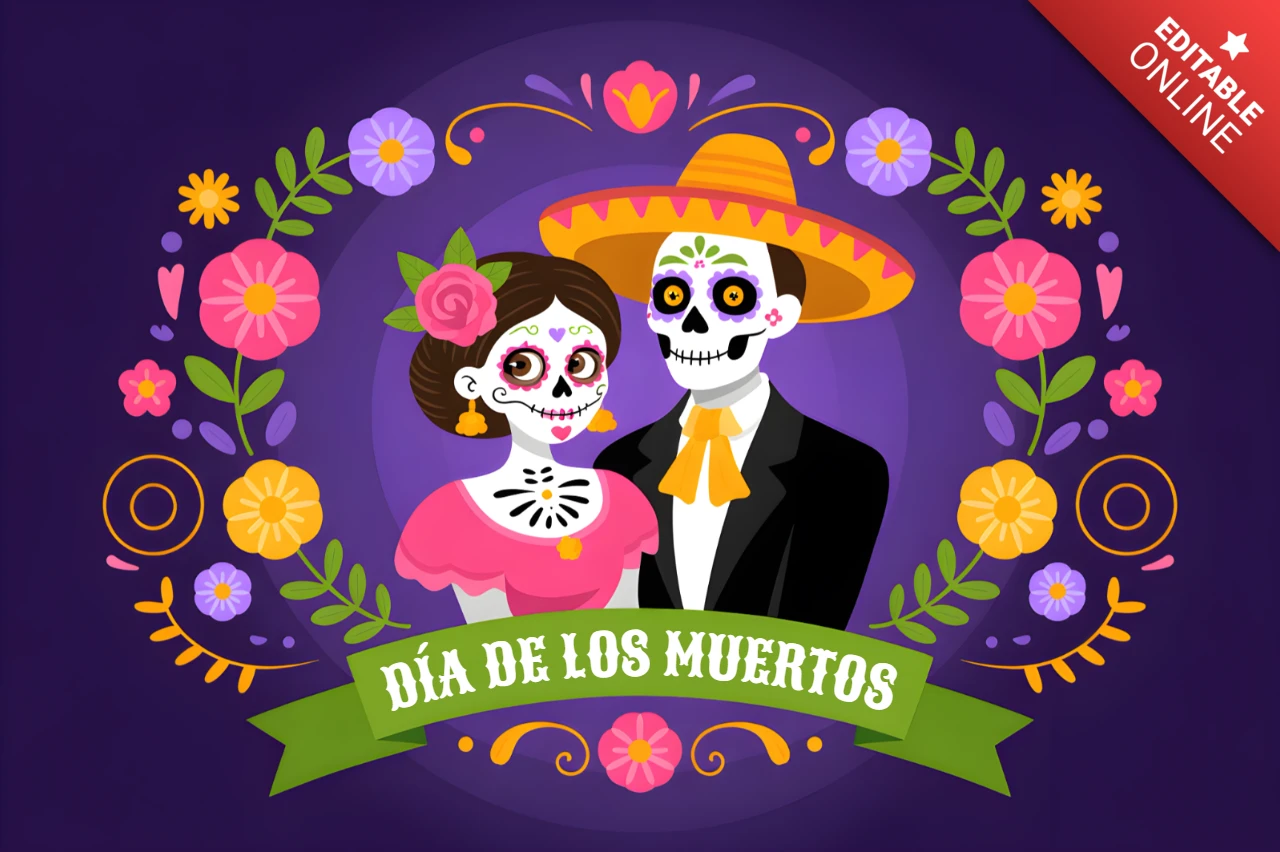Modelo de design para o Dia dos Mortos para cartões de saudação festivos com arte de caveira de açúcar.