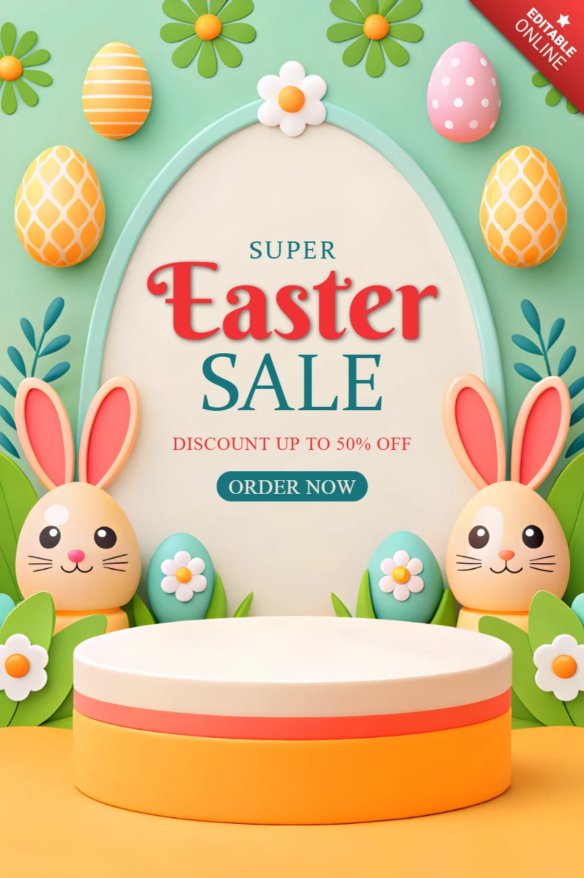 Modèle de conception d'une vente de Pâques colorée avec des graphiques de lapins et d'œufs enjoués
