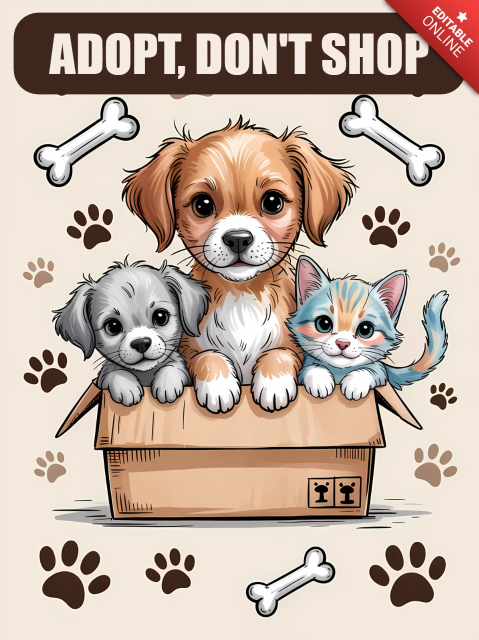 Plantilla de diseño para adopción de mascotas con adorables animales de dibujos animados para carteles.