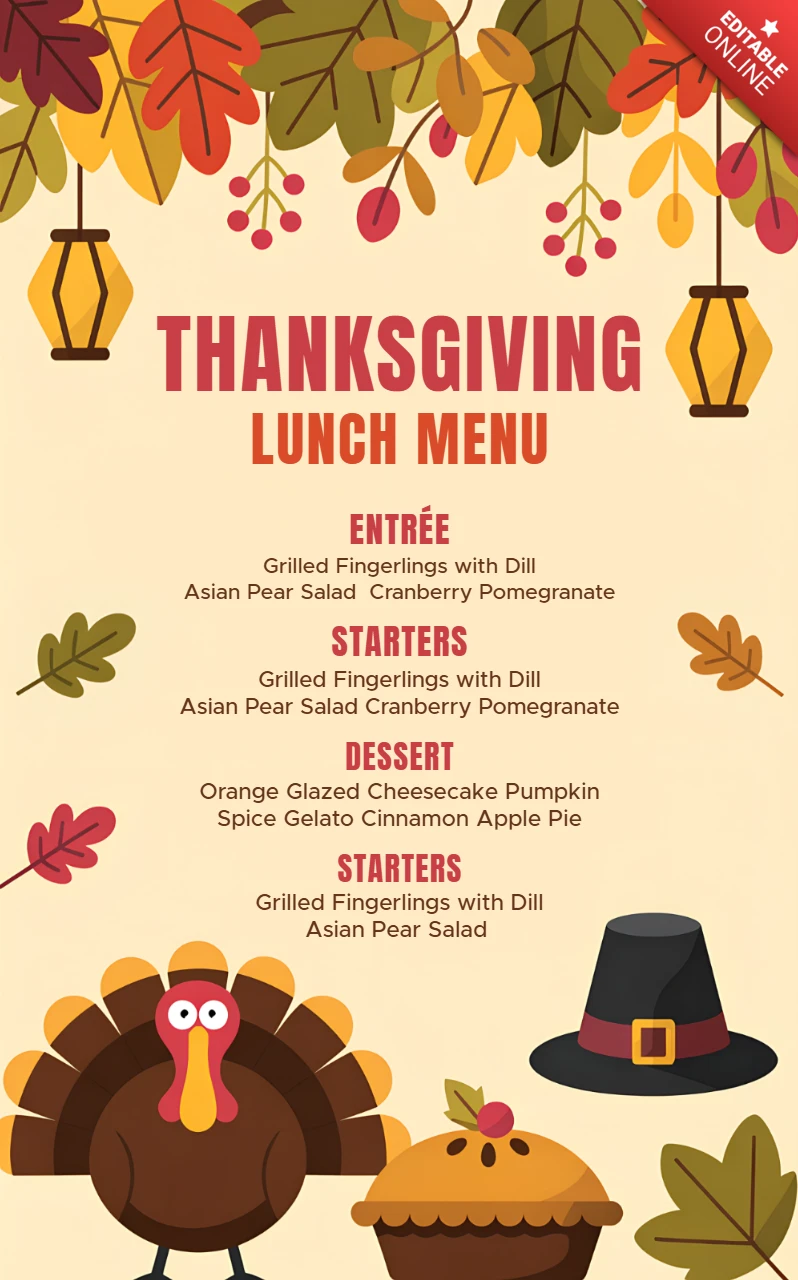Thanksgiving Menu Template with Turkey and Fall Elements Design for Festive Events