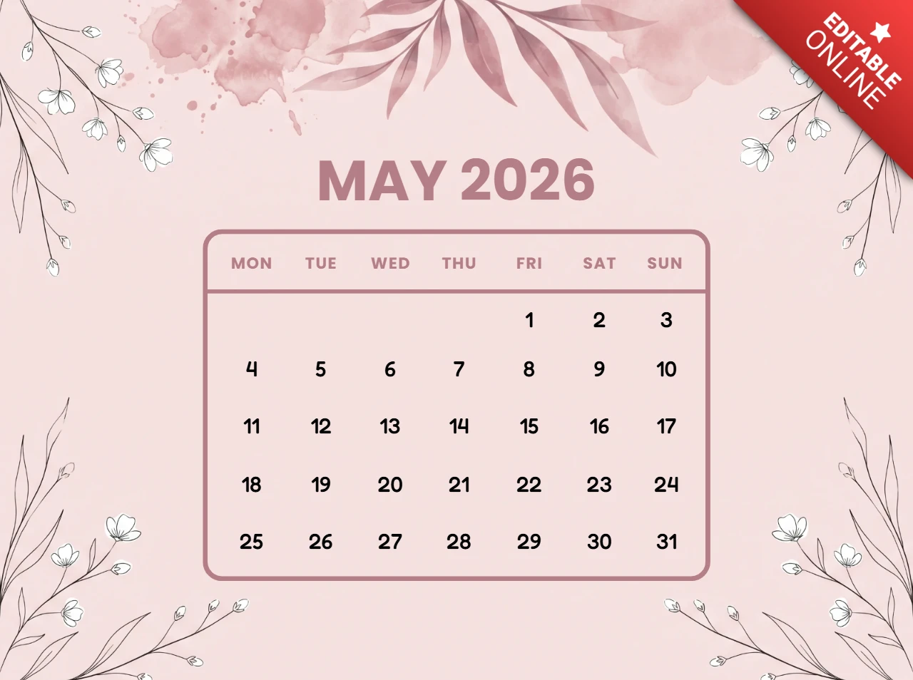 May 2026 Floral Calendar Poster - Elegant Botanical Theme with Watercolor Pink Style