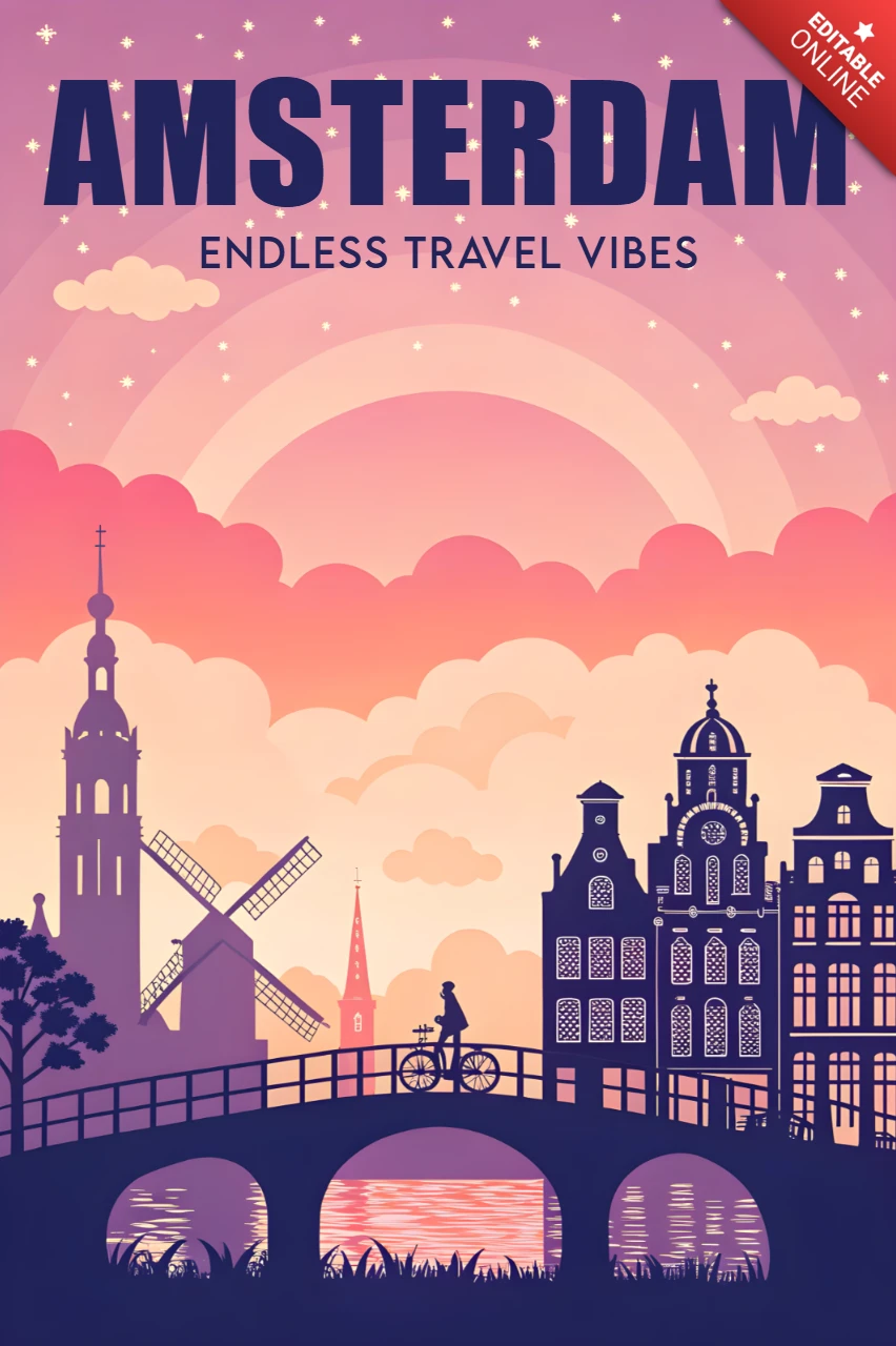 Modèle de design pour affiches sur les vibrations de voyage à Amsterdam