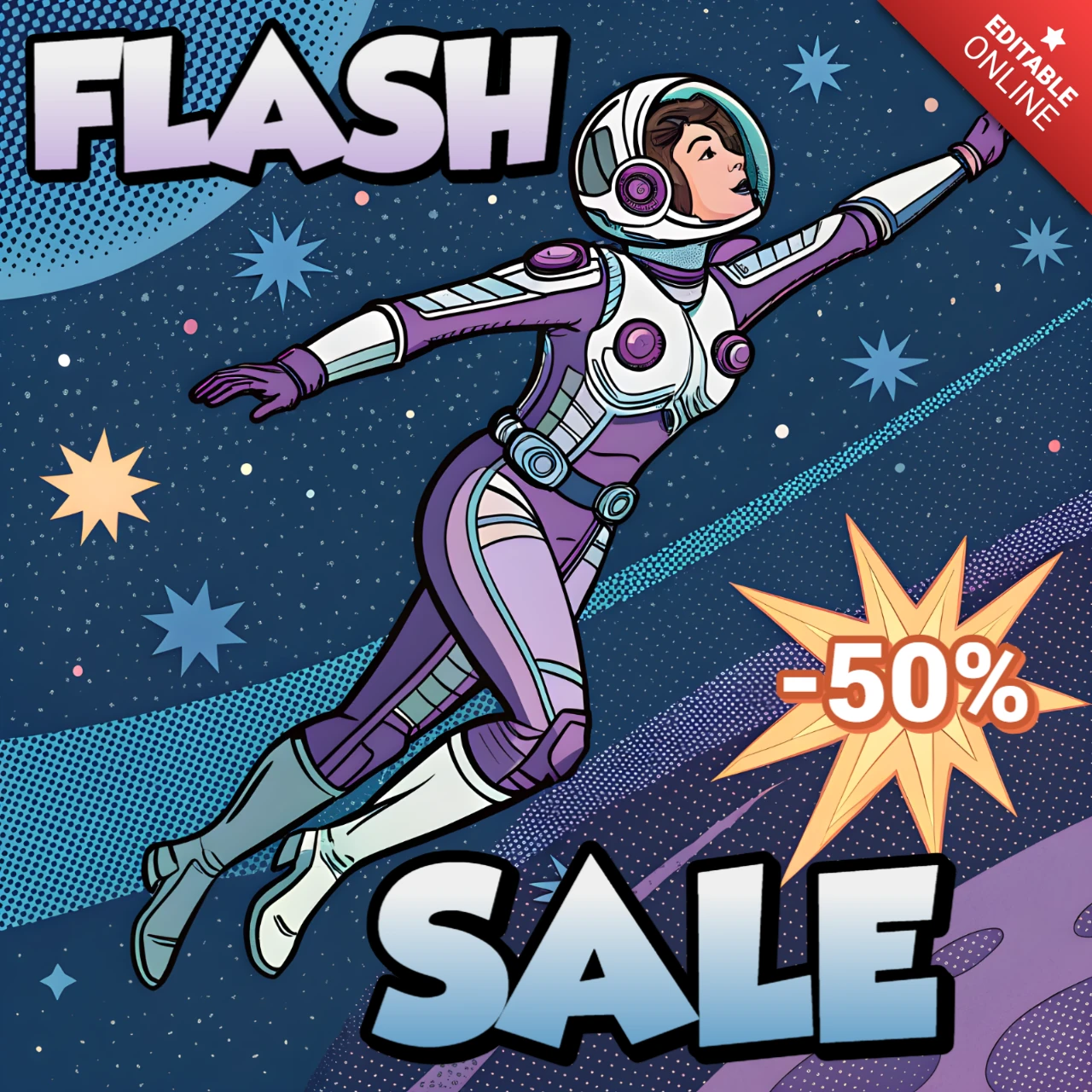 Retro-Raumhelden-Designvorlage für Flash-Sale-Promotionen