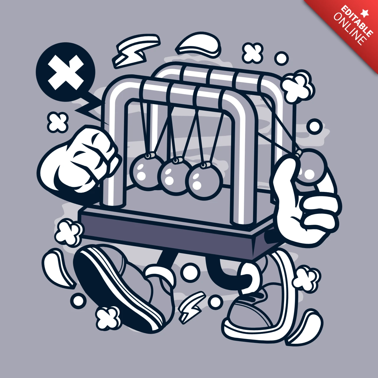 Newton's Cradle Cartoon Character T-shirt Design Template