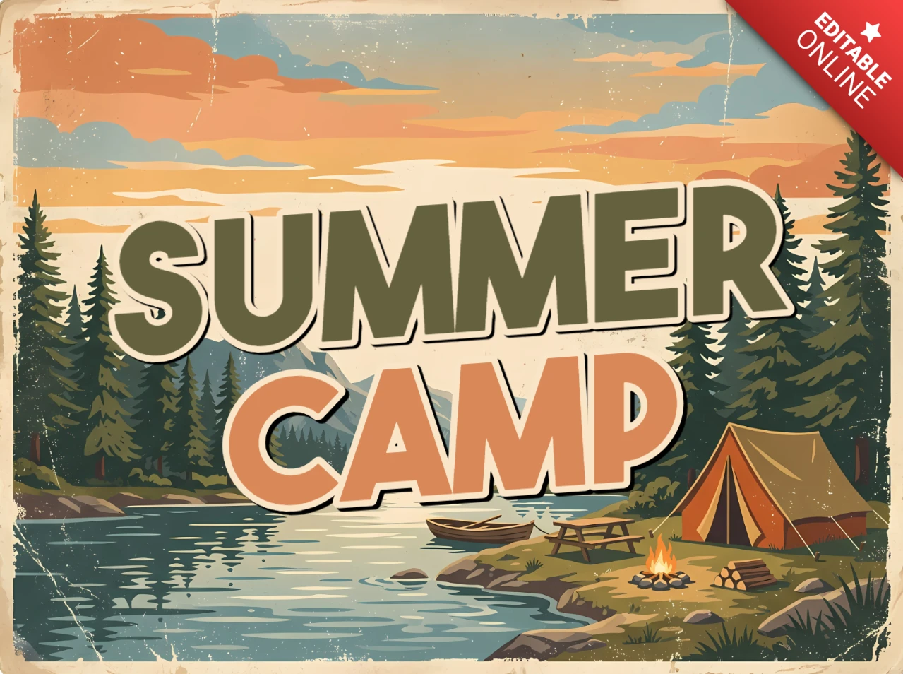 Vintage Summer Camping Greeting Card with Forest Lake, Tent and Campfire Landscape