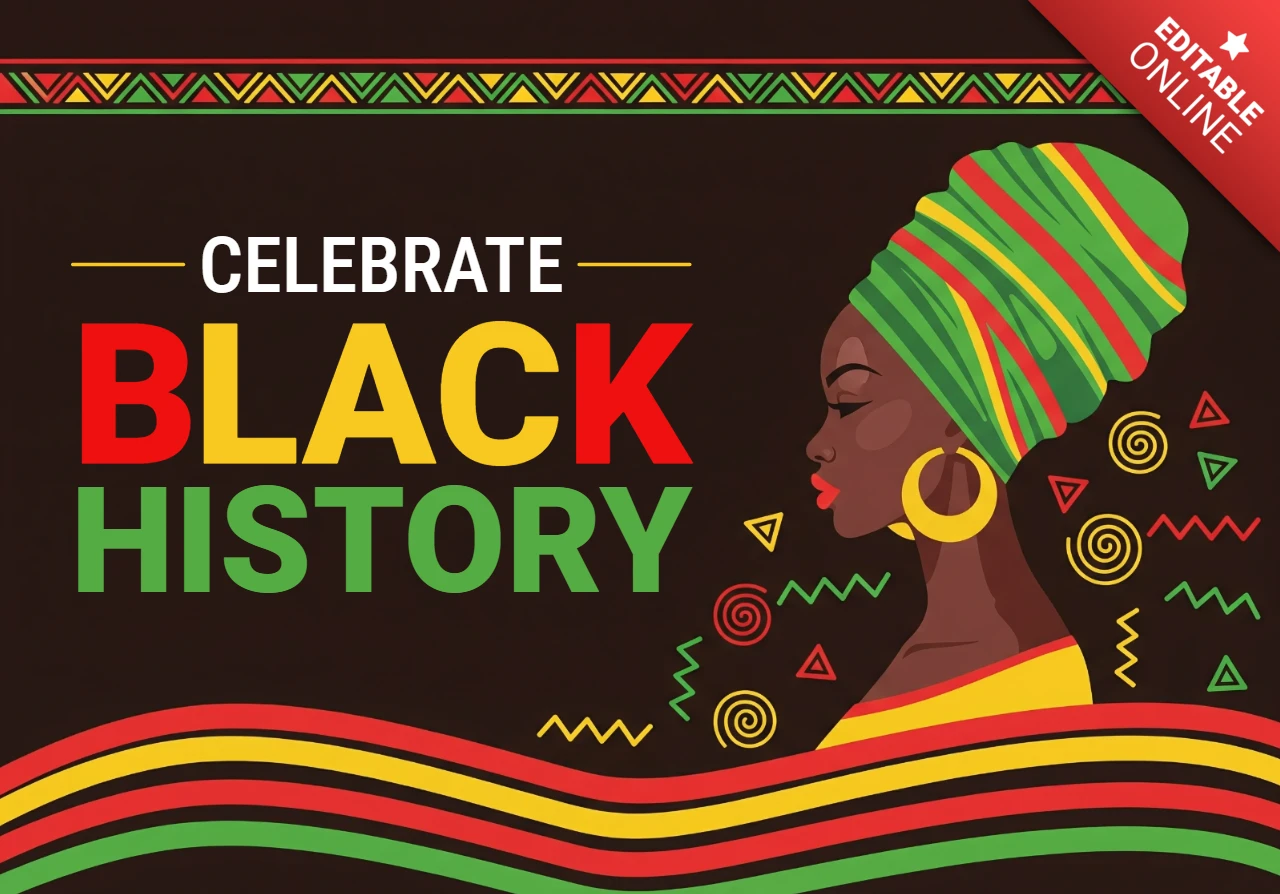 Feiere die schwarze Geschichte 2026 Plakatprofil einer Frau mit Creolen und lebhaftem Kopftuch in pan-afrikanischen Farben, umgeben von einem afrikanisch inspirierten geometrischen Motiv.
