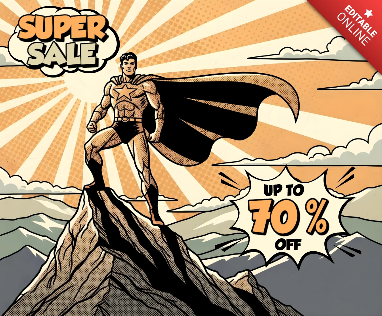 Superhero Sale Comic Style Mountain Pose with Star Emblem and Discount Burst Template for Promotional Flyers Design