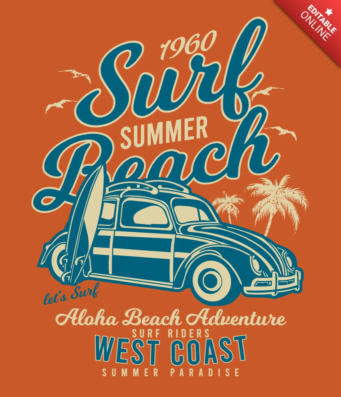 Surf strand westkust vintage t-shirt ontwerpsjabloon
