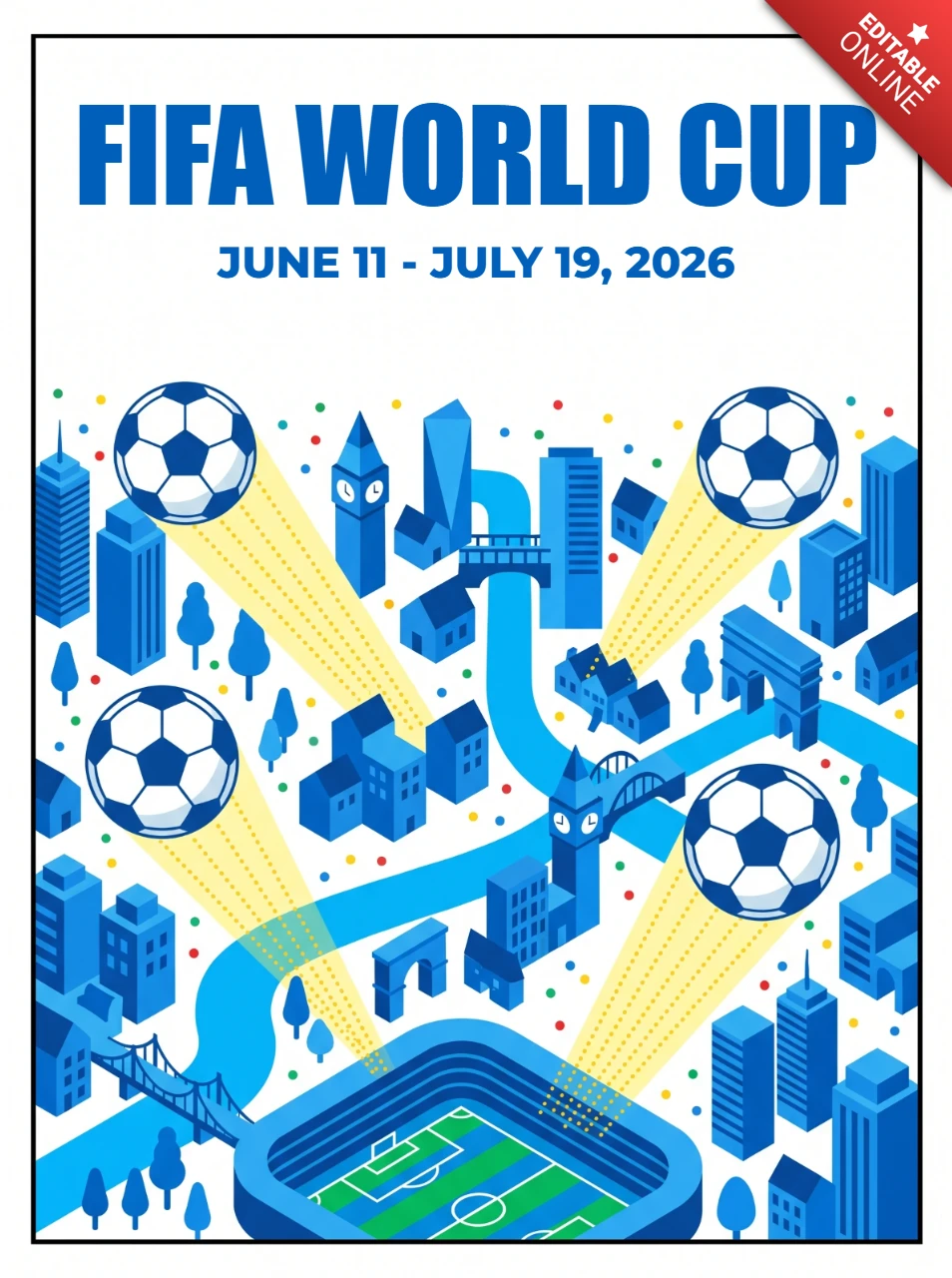 Постер футбольного чемпионата мира FIFA 2026 с изображением городского пейзажа, стадиона, футбольных мячей, прожекторов, городской архитектуры и глобального празднования