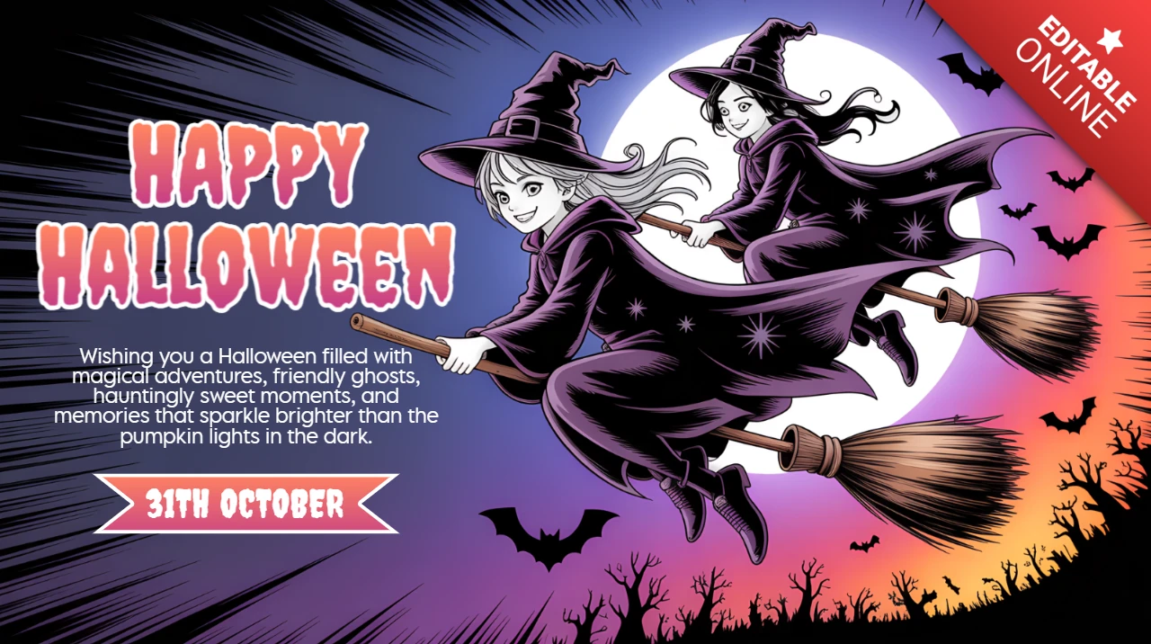 Happy Halloween Anime Witch Design Template for Spooky Party Invitations